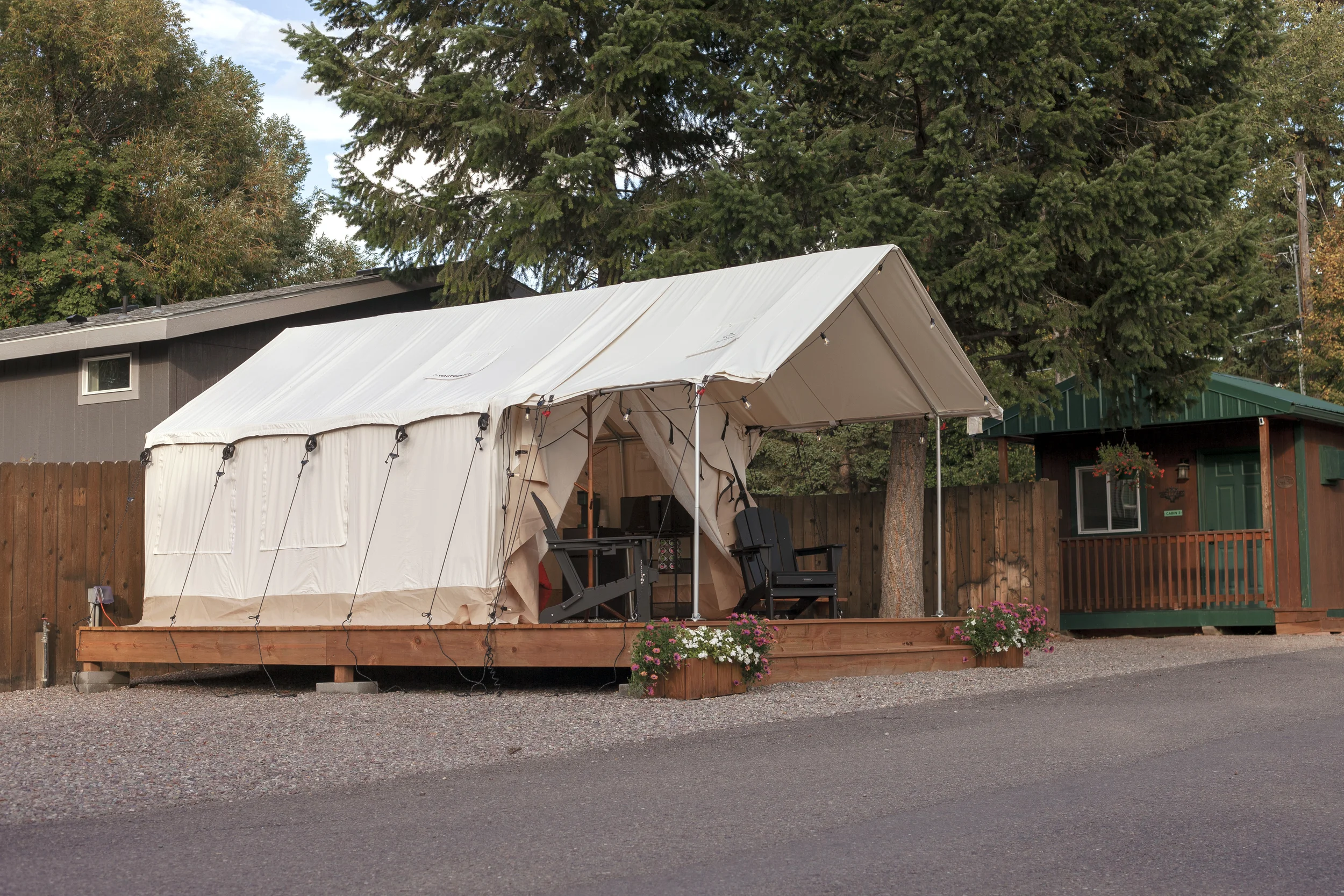 Outside a glamping tent at Columbia Falls RV Park.